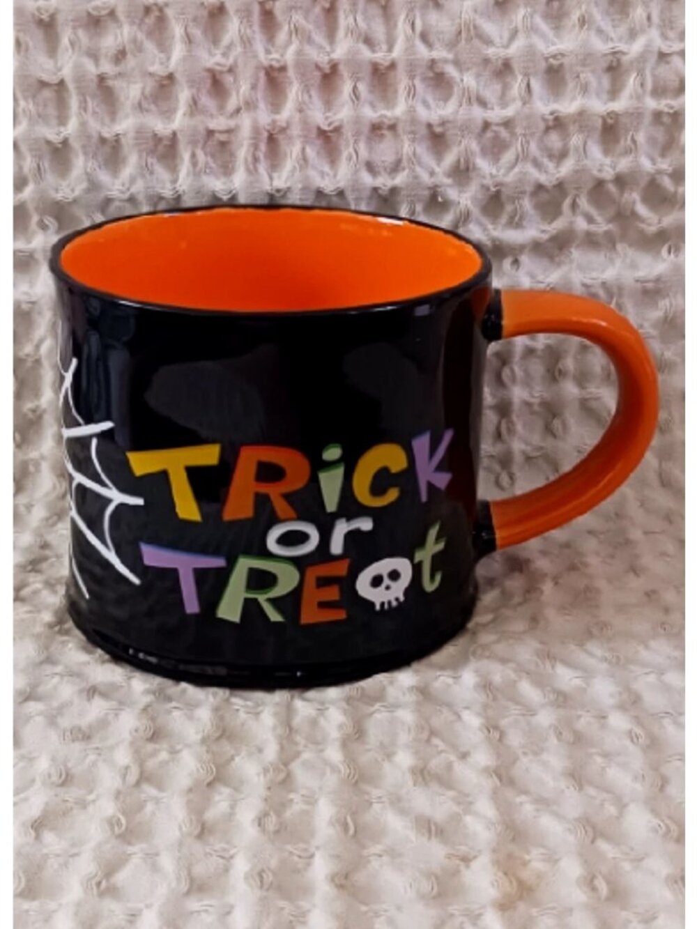 Eli and Ana Halloween Coffee Mug TRICK or TREAT Black Orange 16 oz Fall Theme